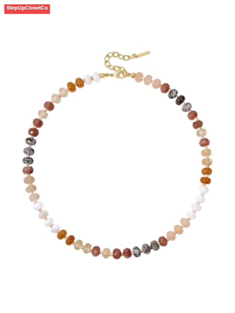 Handmade Gemstone Beaded Choker Necklace, 14k Gold Plated Adjustable 16"-18"